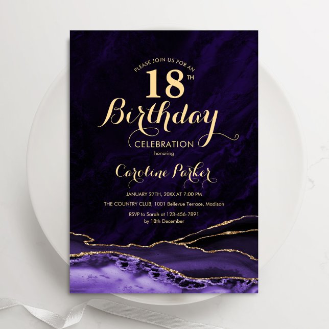 Invitación Morple Gold Agate Marble 18 cumpleaños (Subido por el creador)