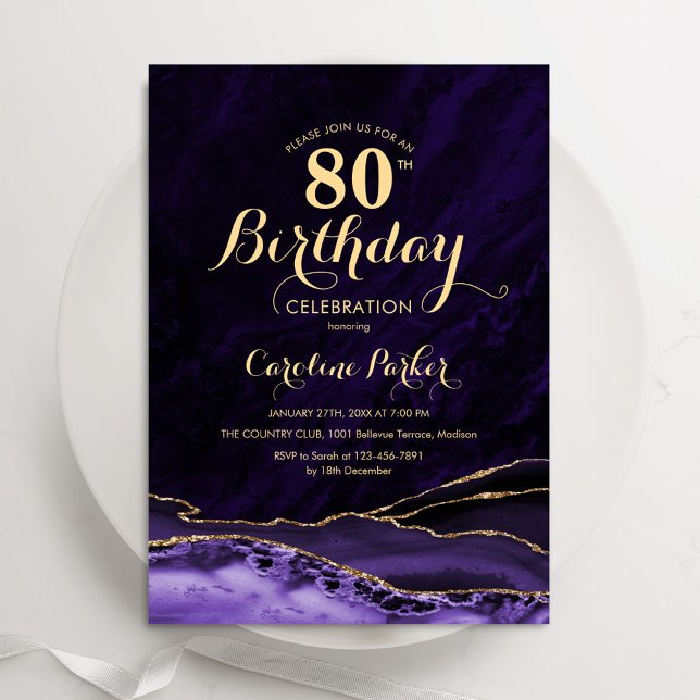 Invitación Morple Gold Agate Marble 80 cumpleaños (Subido por el creador)