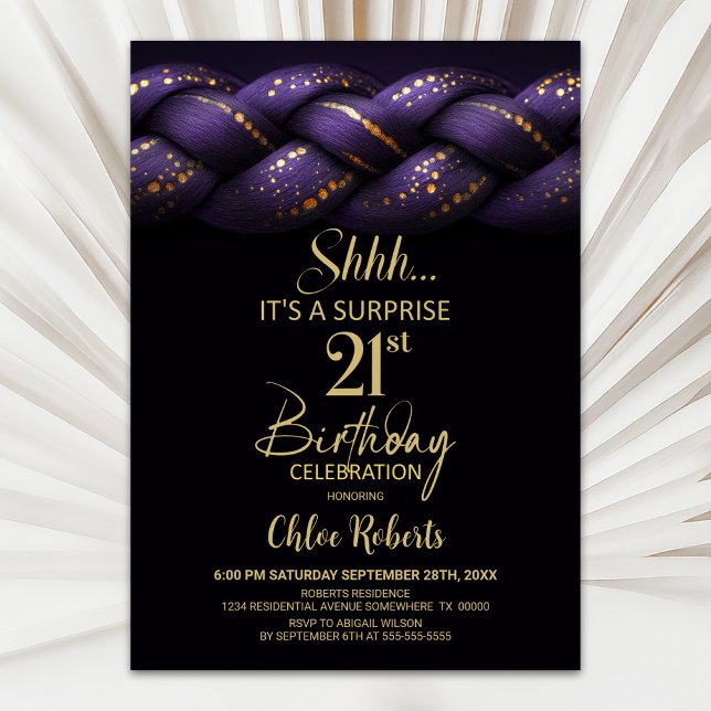 Invitación Morple Gold Braid Surprise 21st Birthday Fiesta (Subido por el creador)