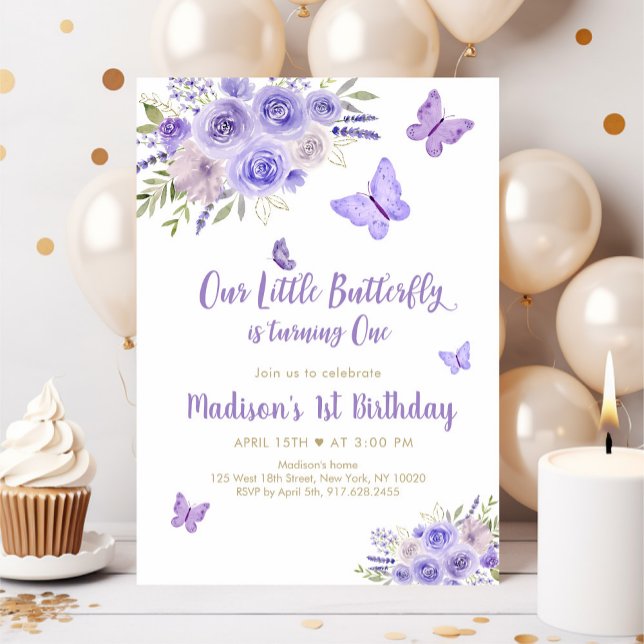 Invitación Morple Gold Butterfly Floral 1er cumpleaños (Subido por el creador)