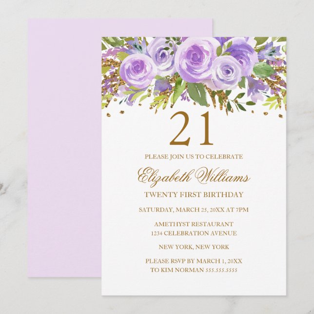 Invitación Morple Gold Floral Rosa 21º cumpleaños (Anverso / Reverso)