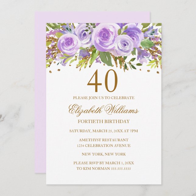 Invitación Morple Gold Floral Rosa 40 cumpleaños (Anverso / Reverso)
