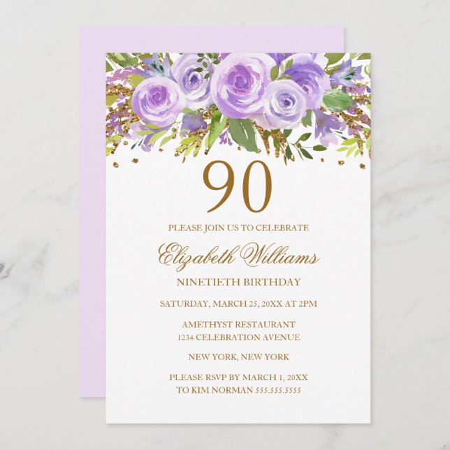 Invitación Morple Gold Floral Rosa 90 cumpleaños (Anverso / Reverso)