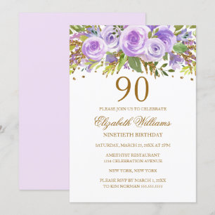 Invitación Morple Gold Floral Rosa 90 cumpleaños