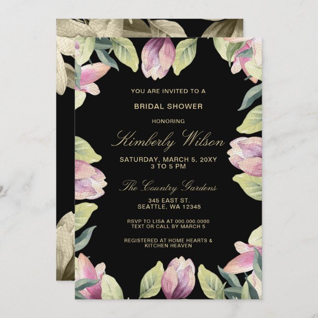 Invitación Morple Gold Floral Spring Weddal Bridal Shower (Anverso / Reverso)