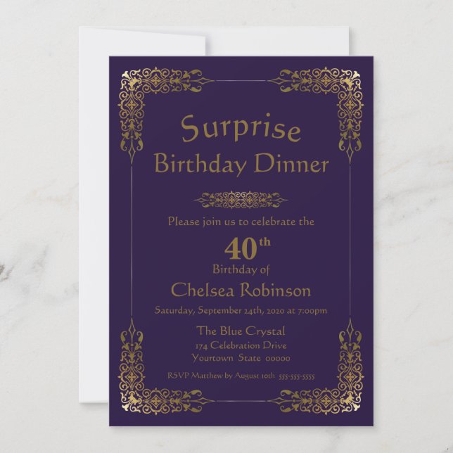 Invitación Morple Gold Lace Surprise Cena de cumpleaños númer (Anverso)