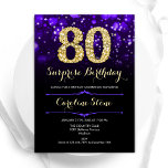 Invitación Morple Gold Surprise Cumpleaños 80<br><div class="desc">Sorpresa 80.ª invitación a la fiesta de cumpleaños. Elegante diseño morado con falso oro purpurina. Cuenta con diamantes elegantes, luces de bokeh y fuente de guiones. Invitación de cumpleaños de hombres o mujeres. Perfecto para una elegante fiesta de cumpleaños. Personaliza con tus propios detalles. Mándame un mensaje si necesitas más...</div>