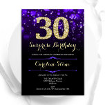 Invitación Morple Gold Surprise cumpleaños número 30<br><div class="desc">Sorpresa 30.ª invitación a la fiesta de cumpleaños. Elegante diseño morado con falso oro purpurina. Cuenta con diamantes elegantes, luces de bokeh y fuente de guiones. Invitación de cumpleaños de hombres o mujeres. Perfecto para una elegante fiesta de cumpleaños. Personaliza con tus propios detalles. Mándame un mensaje si necesitas más...</div>