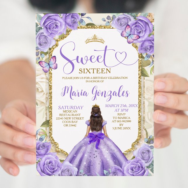 Invitación Morple Gold Sweet 16th Birthday Princess Fiesta (Subido por el creador)