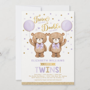 Invitación Morple Gold Teddy Bear Balloon Bear Twin Baby Show