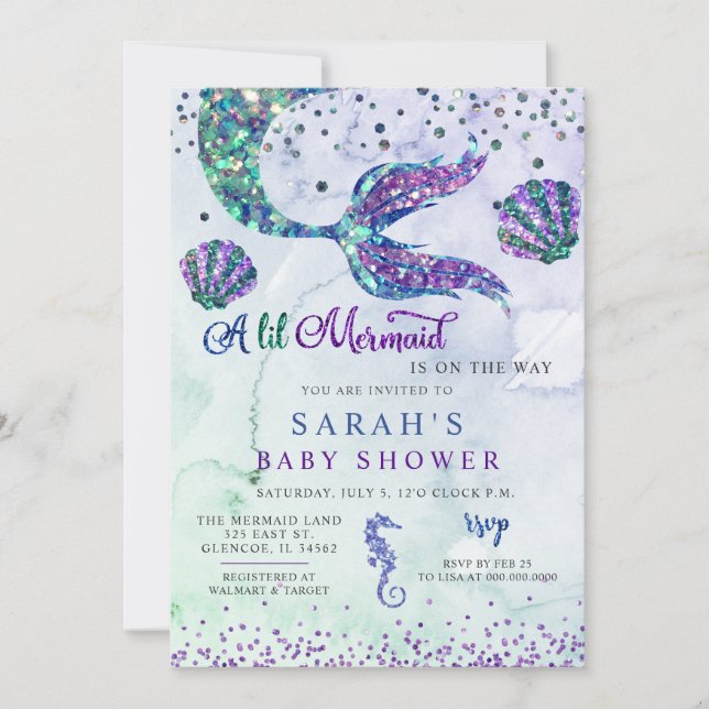 Invitación Morple Green Moderno Purpurina Mermaid Baby Shower (Anverso)