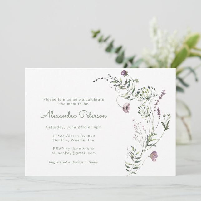Invitación Morple Greenery Watercolor Floral Baby Shower (Anverso de pie)