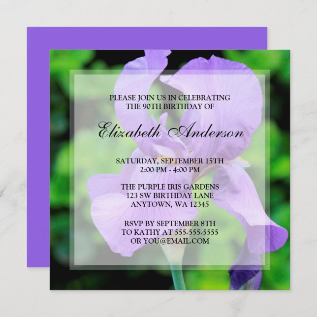 Invitación Morple Iris Flowers 90th Birthday Party (Anverso / Reverso)