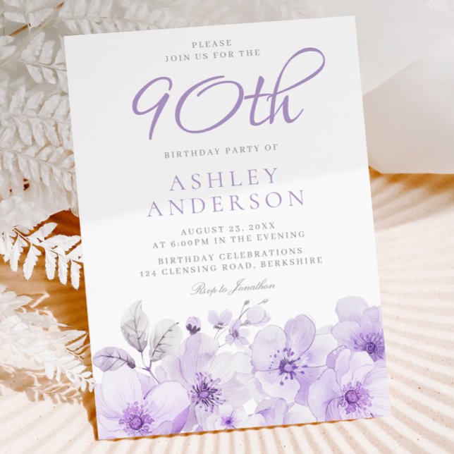 Invitación Morple Lavender Floral acuarela 90 cumpleaños (Subido por el creador)