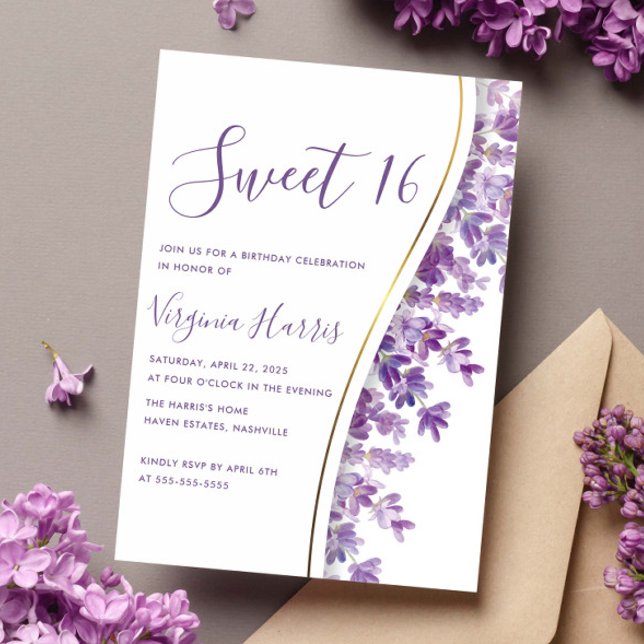 Invitación Morple Lavender Floral Sweet 16 cumpleaños (Subido por el creador)