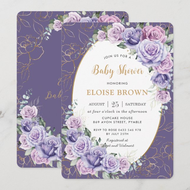 Invitación Morple Lilac Lavender Rosas Floral Baby Shower (Anverso / Reverso)