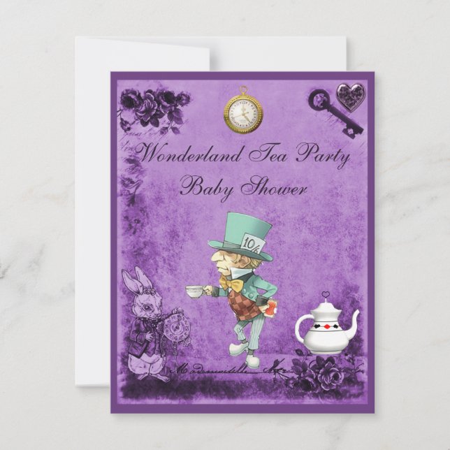 Invitación Morple Mad Hatter Wonderland Tea Fiesta Baby Showe (Anverso)