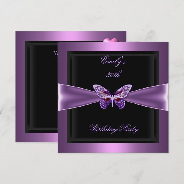 Invitación Morple Mauve Black Butterfly 30.º Fiesta de cumple (Anverso / Reverso)