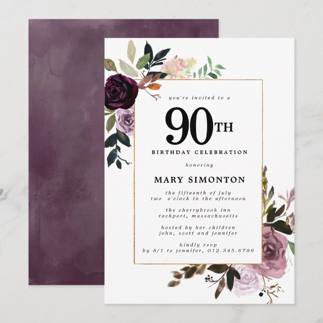 Invitación Morple Mauve Pink Floral 90 cumpleaños (Anverso / Reverso)