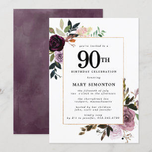 Invitación Morple Mauve Pink Floral 90 cumpleaños