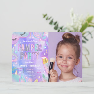 Invitación Morple Neon Glow Pamper Spa Fiesta de cumpleaños F