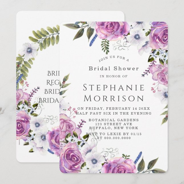Invitación Morple Periwinkle Peony Bridal Shower (Anverso / Reverso)