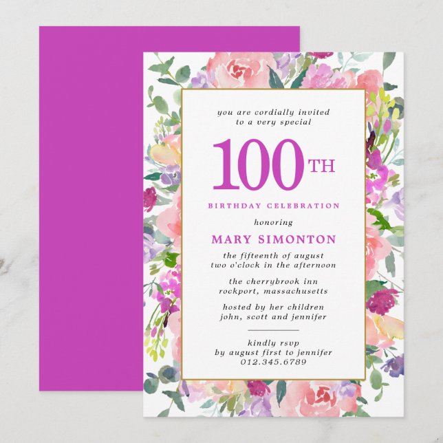 Invitación Morple Pink Floral 100 cumpleaños (Anverso / Reverso)