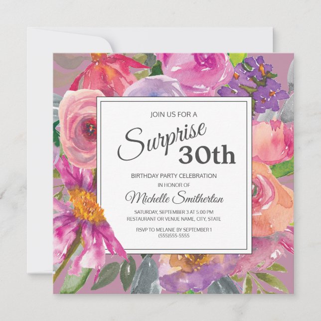 Invitación Morple Pink Floral 30 cumpleaños sorpresa (Anverso)