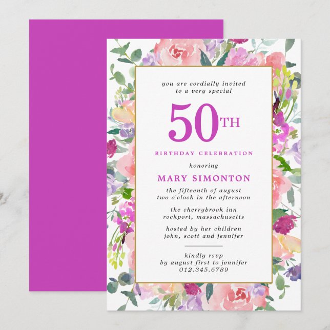 Invitación Morple Pink Floral 50 cumpleaños (Anverso / Reverso)