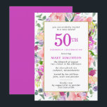 Invitación Morple Pink Floral 50 cumpleaños<br><div class="desc">Hermosas flores combinadas de color rosa, púrpura y crema amarilla. La invitación de la fiesta de 50 años es violeta. Coincide con el 50, que está escrito en el mismo color violeta. La celebración del cumpleaños y el nombre del celebrante también son morados. Las hojas verdes brillantes añaden un ambiente...</div>
