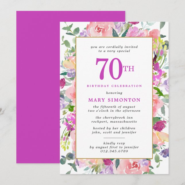Invitación Morple Pink Floral 70 cumpleaños (Anverso / Reverso)