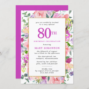 Invitación Morple Pink Floral 80 cumpleaños