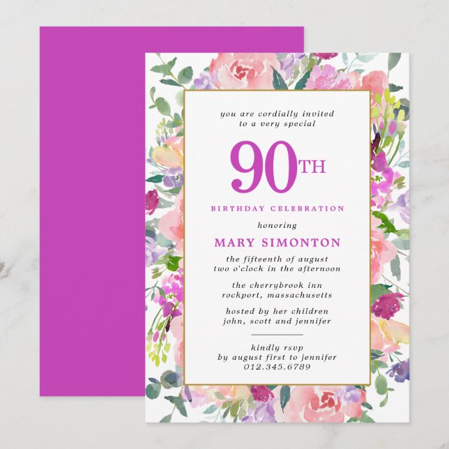 Invitación Morple Pink Floral 90 cumpleaños (Anverso / Reverso)