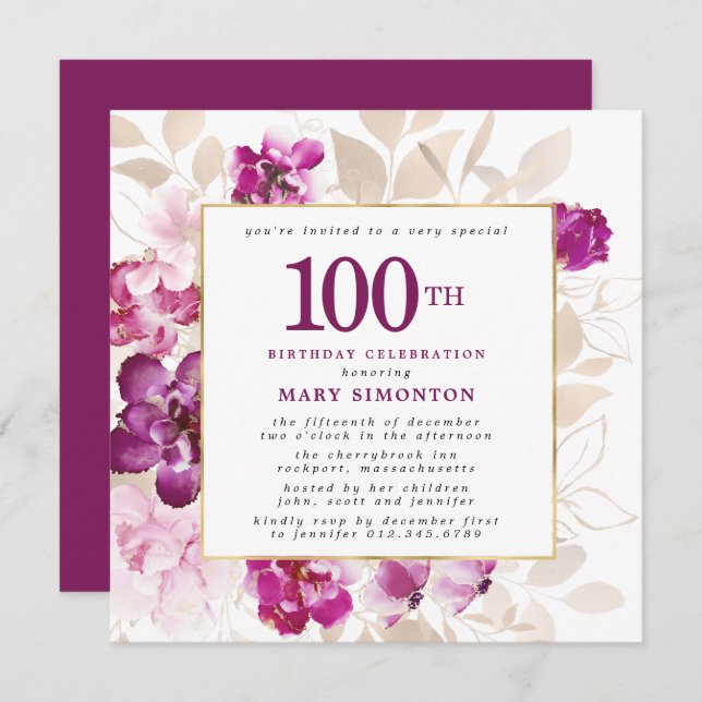 Invitación Morple Pink Gold Floral 100 cumpleaños (Anverso / Reverso)