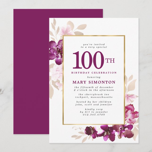 Invitación Morple Pink Gold Floral 100 cumpleaños (Anverso / Reverso)