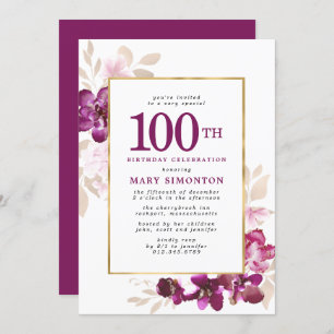 Invitación Morple Pink Gold Floral 100 cumpleaños