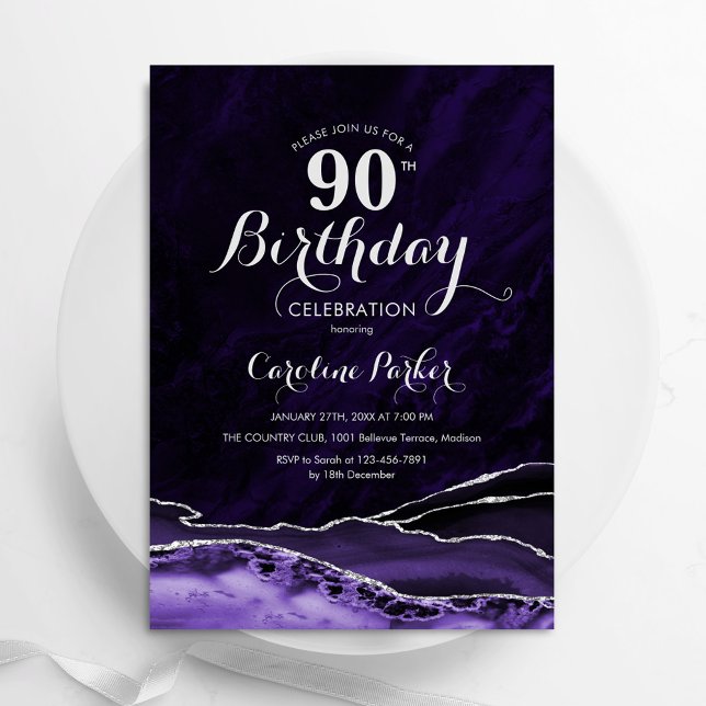 Invitación Morple Silver Agate Marble 90 cumpleaños (Subido por el creador)