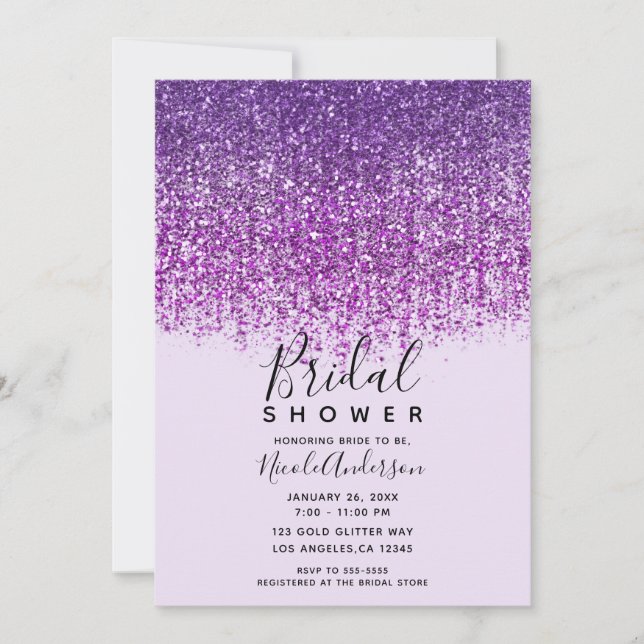 Invitación Morple Sparkly Purpurina Bridal Shower (Anverso)