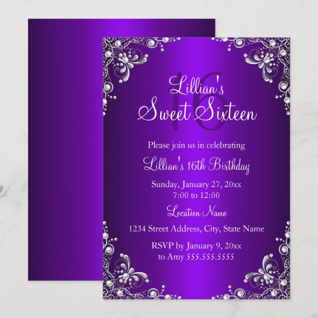 Invitación Morple Sweet 16 Silver Pearl Damask (Anverso / Reverso)