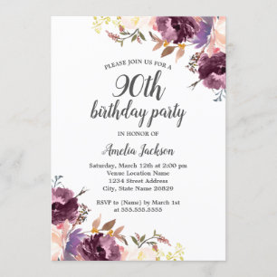Invitación Morple Watercolor Floral 90 cumpleaños
