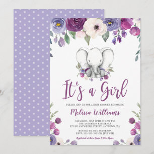 Invitación Morple Watercolor Floral Elephant Chica Baby Showe