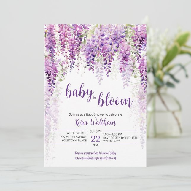 Invitación Morple Watercolor Wisteria Baby Shower (Anverso de pie)