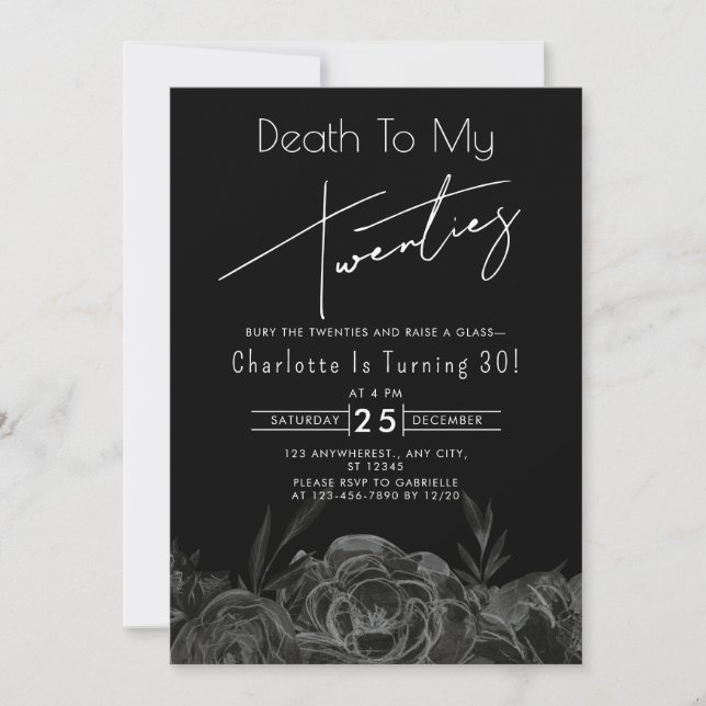 Invitación Mortalidad floral negra por mis 20 años 30 (Anverso)