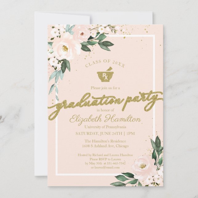 Invitación Mortar Pestle Farmacéutico Fiesta Pink Floral (Anverso)