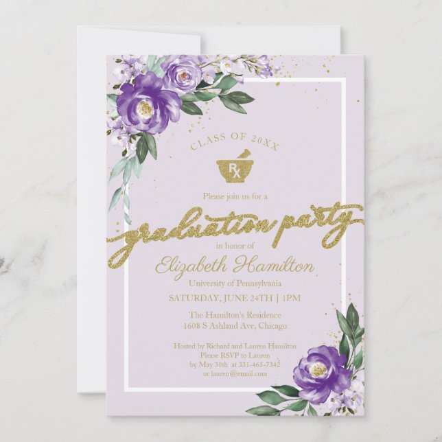 Invitación Mortar Pestle Pharmacy Grad Fiesta Purple Floral (Anverso)