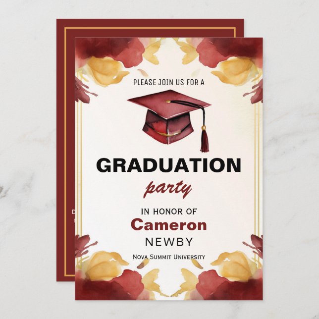 Invitación 🎓 Mortarboard Watercolor Graduación (Anverso / Reverso)