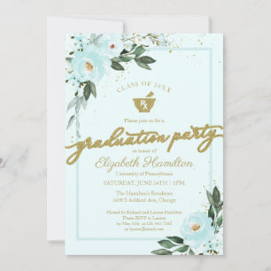 Invitación Mortero Grad Party Farmacia Floral Oro Turquesa