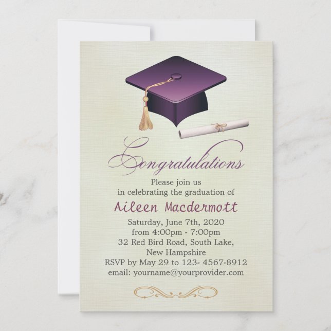 Invitación Mortero morado y diploma Partido de graduación (Anverso)