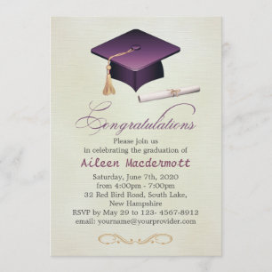 Invitación Mortero morado y diploma Partido de graduación