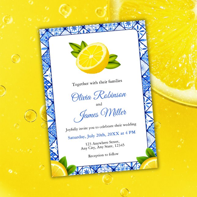 Invitación Mosaico azul italiano mediterráneo - Boda limón (Mediterranean Italian Blue Tile - Lemon Wedding Invitation )